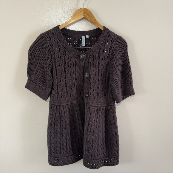 Caslon Y2K Brown Knit Crochet ShortSleeve Top Cardigan‎ Spring Pinterest Boho - Picture 1 of 7